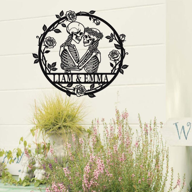 Custom Skeleton Couple Metal Sign, Personalized Skull Name Sign, Skull Couple Wall Art, Gothic Wedding Anniversary Sign, Valentines Gift