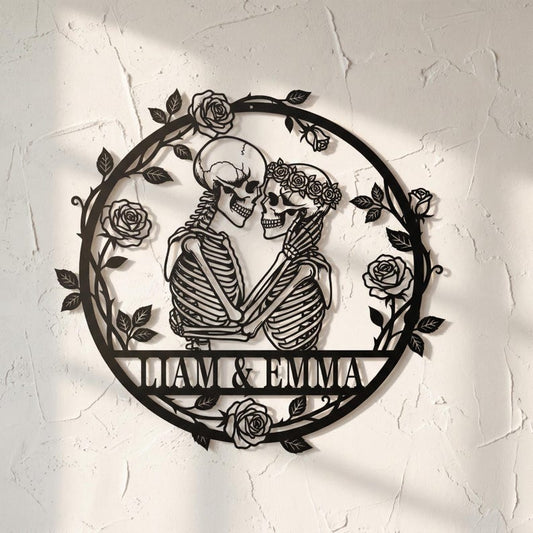 Custom Skeleton Couple Metal Sign, Personalized Skull Name Sign, Skull Couple Wall Art, Gothic Wedding Anniversary Sign, Valentines Gift