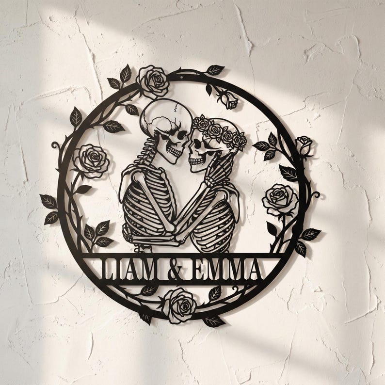 Custom Skeleton Couple Metal Sign, Personalized Skull Name Sign, Skull Couple Wall Art, Gothic Wedding Anniversary Sign, Valentines Gift