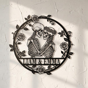 Custom Skeleton Couple Metal Sign, Personalized Skull Name Sign, Skull Couple Wall Art, Gothic Wedding Anniversary Sign, Valentines Gift
