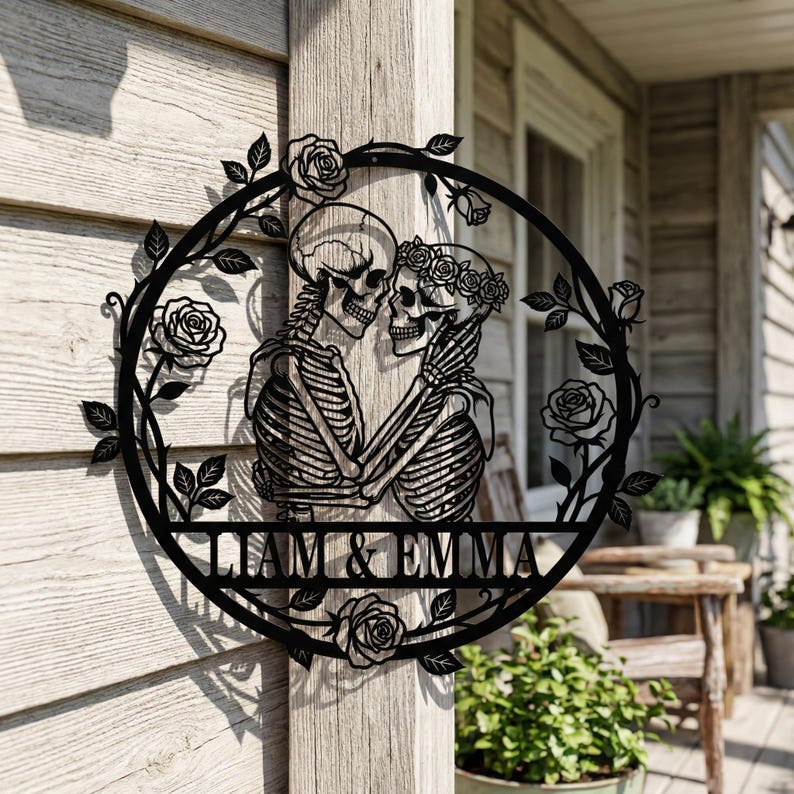 Custom Skeleton Couple Metal Sign, Personalized Skull Name Sign, Skull Couple Wall Art, Gothic Wedding Anniversary Sign, Valentines Gift