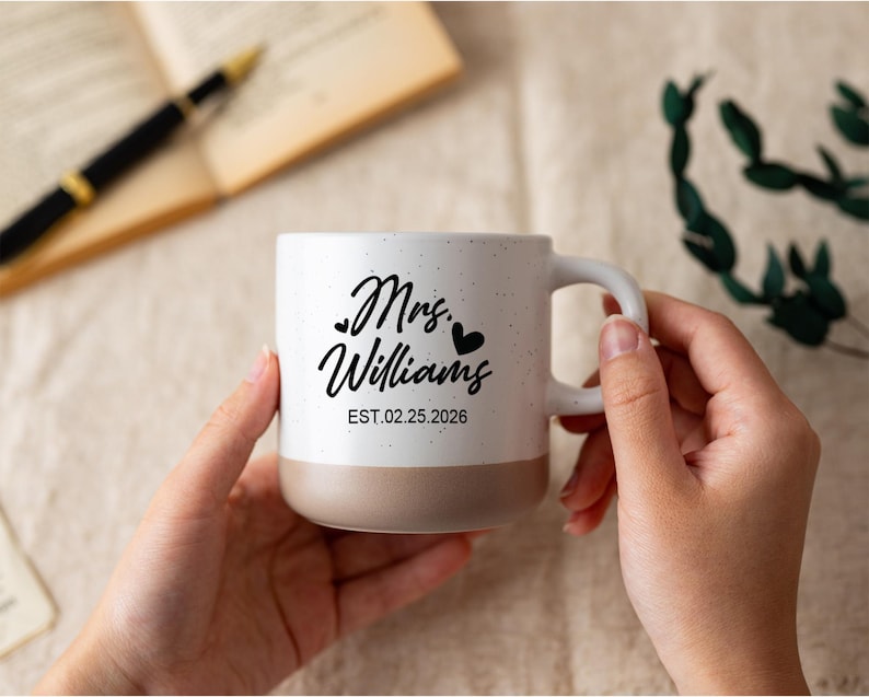 Custom Engagement Pottery Mug, Personalized Mr & Mrs Coffee Mugs, Bridal Shower Gift, New Wedding Gift for Couples, Valentines Day Gift
