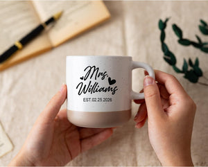 Custom Engagement Pottery Mug, Personalized Mr & Mrs Coffee Mugs, Bridal Shower Gift, New Wedding Gift for Couples, Valentines Day Gift