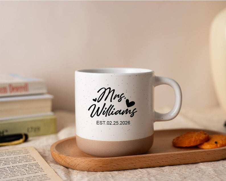 Custom Engagement Pottery Mug, Personalized Mr & Mrs Coffee Mugs, Bridal Shower Gift, New Wedding Gift for Couples, Valentines Day Gift