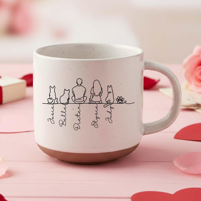 Love Grows Best On Four Paws - Personalized Couple & Pet Line Art Mug, Couple Pottery Mug, Unique Gift For Valentine Gift, Couple Coffee Cup