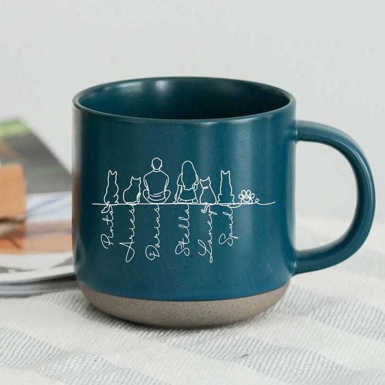 Love Grows Best On Four Paws - Personalized Couple & Pet Line Art Mug, Couple Pottery Mug, Unique Gift For Valentine Gift, Couple Coffee Cup