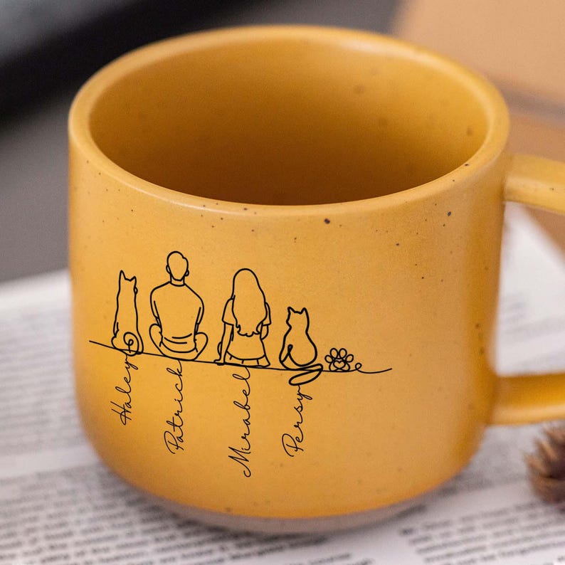 Love Grows Best On Four Paws - Personalized Couple & Pet Line Art Mug, Couple Pottery Mug, Unique Gift For Valentine Gift, Couple Coffee Cup