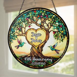Personalized 25th Anniversary Glass Suncatcher, Stained Glass Tree of Life, Customized Name Date Gift for Couple, Wedding Marriage Keepsake