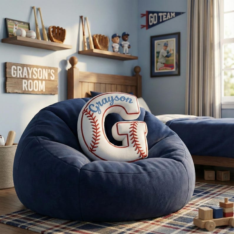 Personalized Baseball Pillow: Custom Letter Shaped Sports Kids Room Decor