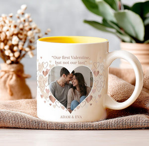 Heart Photo Valentine Mug, Personalized First Valentine Mug for Couple, Cute Romantic Gift with Picture and Names