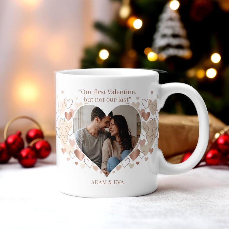 Heart Photo Valentine Mug, Personalized First Valentine Mug for Couple, Cute Romantic Gift with Picture and Names