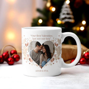Heart Photo Valentine Mug, Personalized First Valentine Mug for Couple, Cute Romantic Gift with Picture and Names