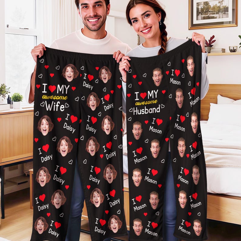 Custom Photo Pajama Pants: Personalized couple faces, Valentine's Day Gifts