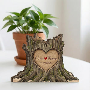 Personalized Tree Stump Wood Block: Custom Carved Heart Sign, Rustic Couple Gift