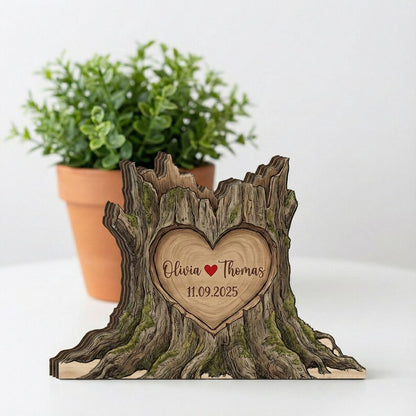 Personalized Tree Stump Wood Block: Custom Carved Heart Sign, Rustic Couple Gift