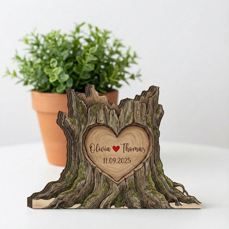 Personalized Tree Stump Wood Block: Custom Carved Heart Sign, Rustic Couple Gift