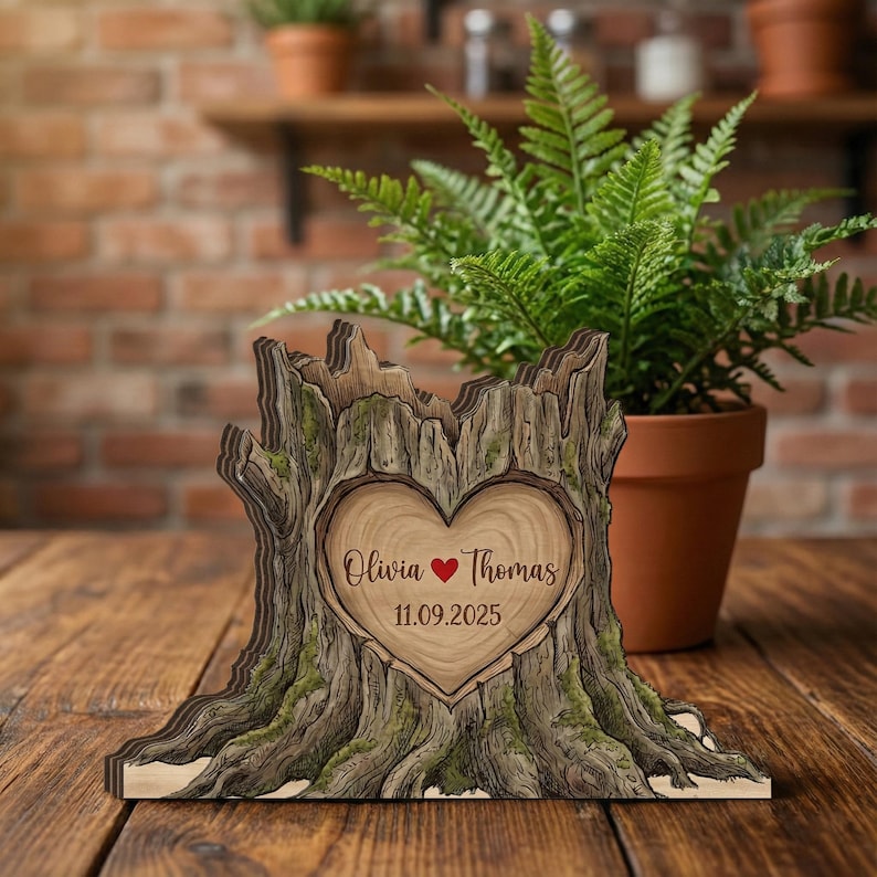 Personalized Tree Stump Wood Block: Custom Carved Heart Sign, Rustic Couple Gift