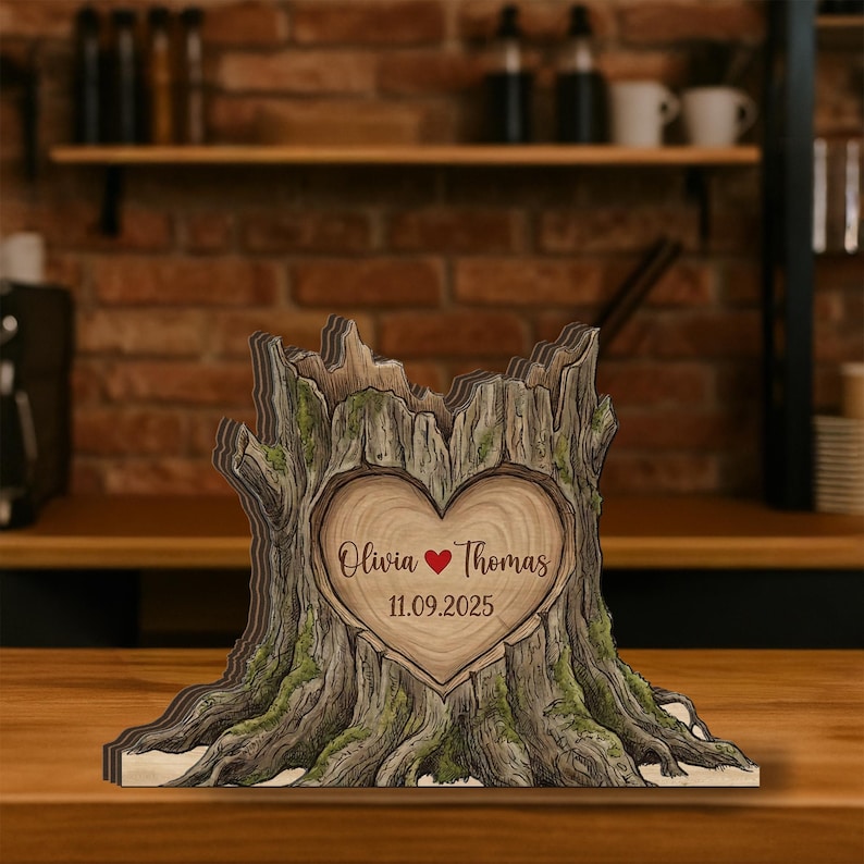 Personalized Tree Stump Wood Block: Custom Carved Heart Sign, Rustic Couple Gift