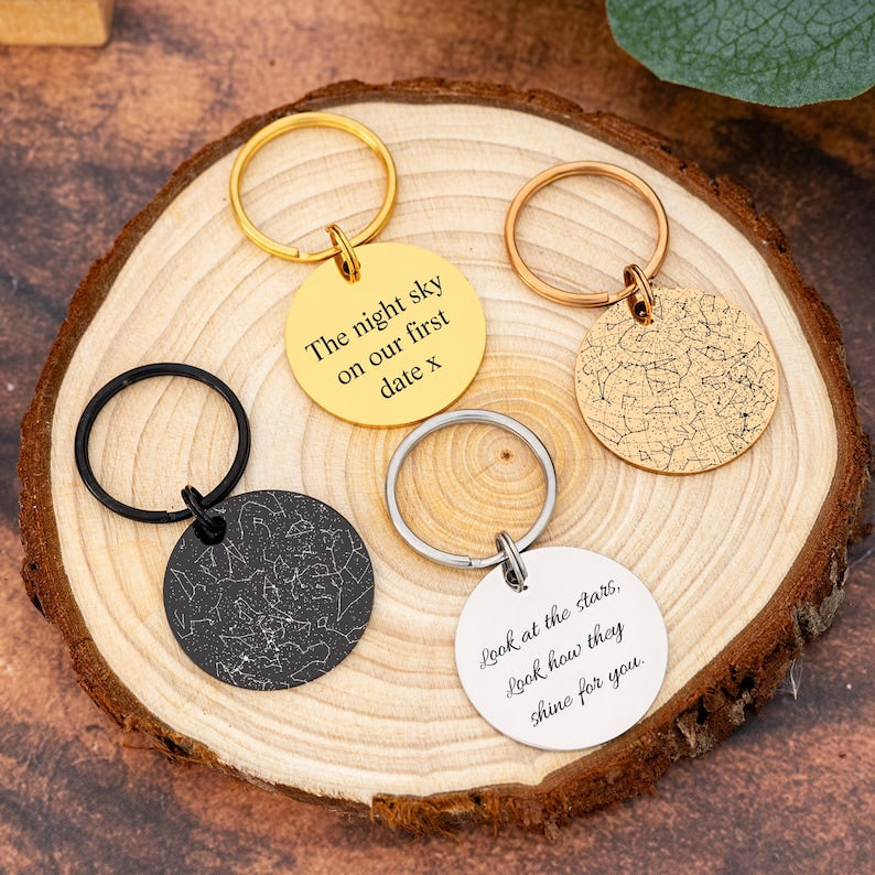 Custom Star Map Keychain,Engraved Night Sky Keyring,Personalized Valentine's Day Gifts,Star Map By Date,Anniversary Gift For Him Her