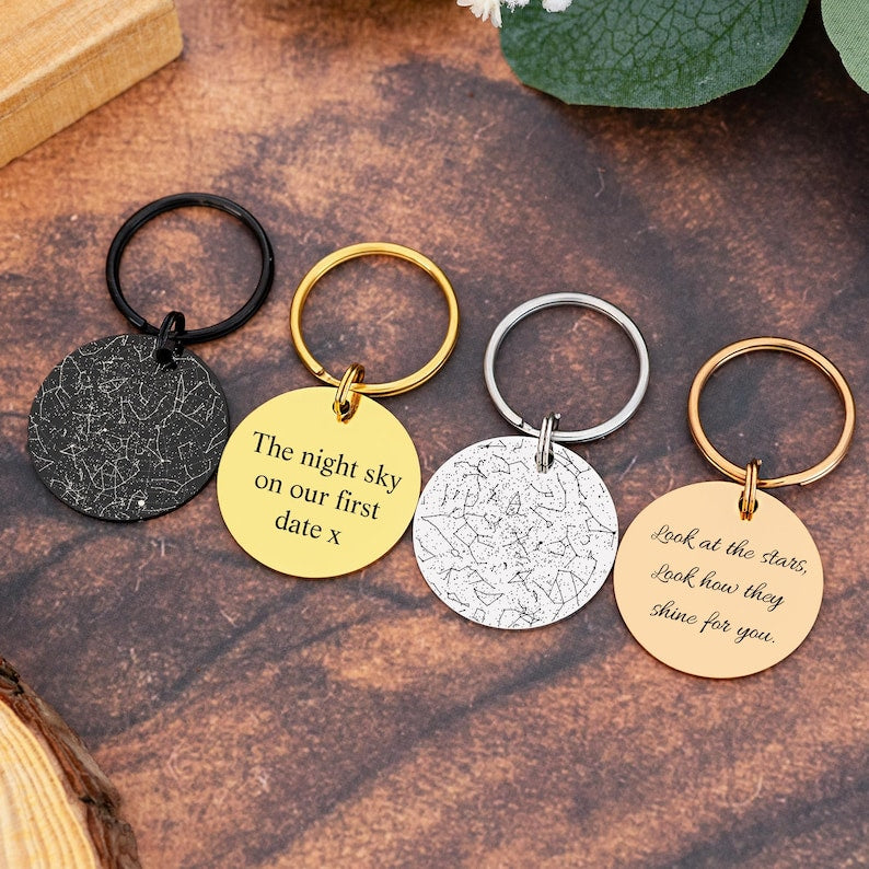 Custom Star Map Keychain,Engraved Night Sky Keyring,Personalized Valentine's Day Gifts,Star Map By Date,Anniversary Gift For Him Her