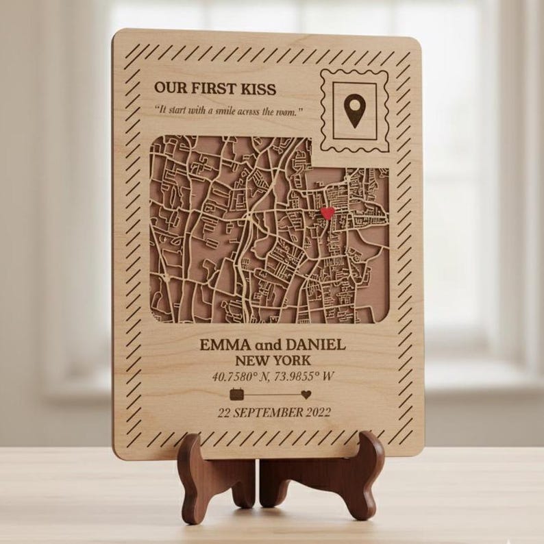 Our First Kiss Map Wooden Anniversary Postcard, First Kiss Location, Tabletop or Wall Hanging Personalized Anniversary Gift for Couple