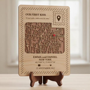 Our First Kiss Map Wooden Anniversary Postcard, First Kiss Location, Tabletop or Wall Hanging Personalized Anniversary Gift for Couple
