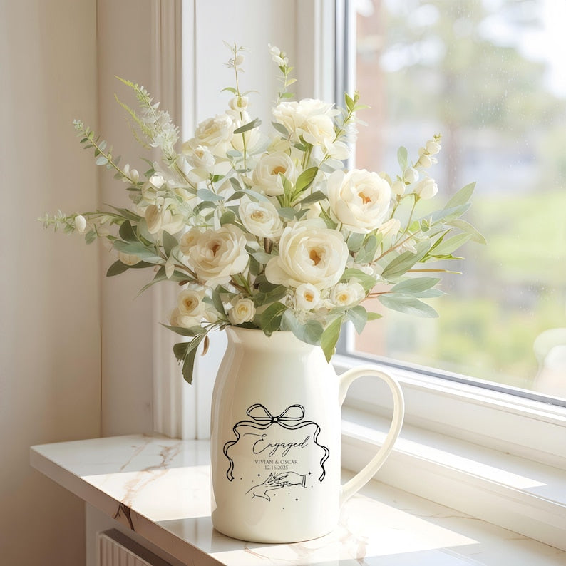 Personalized Engaged Flower Vase, Custom Ceramic Flower Vase, New Engaged Couple Gift, Engagement Gift For Couple, Bridal Shower Gift
