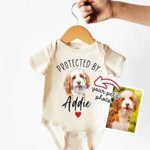Protected By Pets Custom Dog Photo Baby Bodysuit , Personalized Kids Tee, Youth Gift With Pet's Names Custom Cat and Dog Sibling
