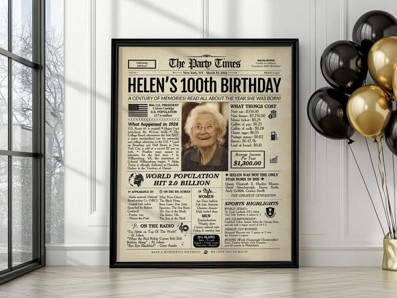 100th Birthday newspaper poster, Custom Poster Canvas 100th birthday party decor, Birthday poster containing news & highlights from 1926
