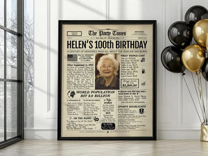 100th Birthday newspaper poster, Custom Poster Canvas 100th birthday party decor, Birthday poster containing news & highlights from 1926