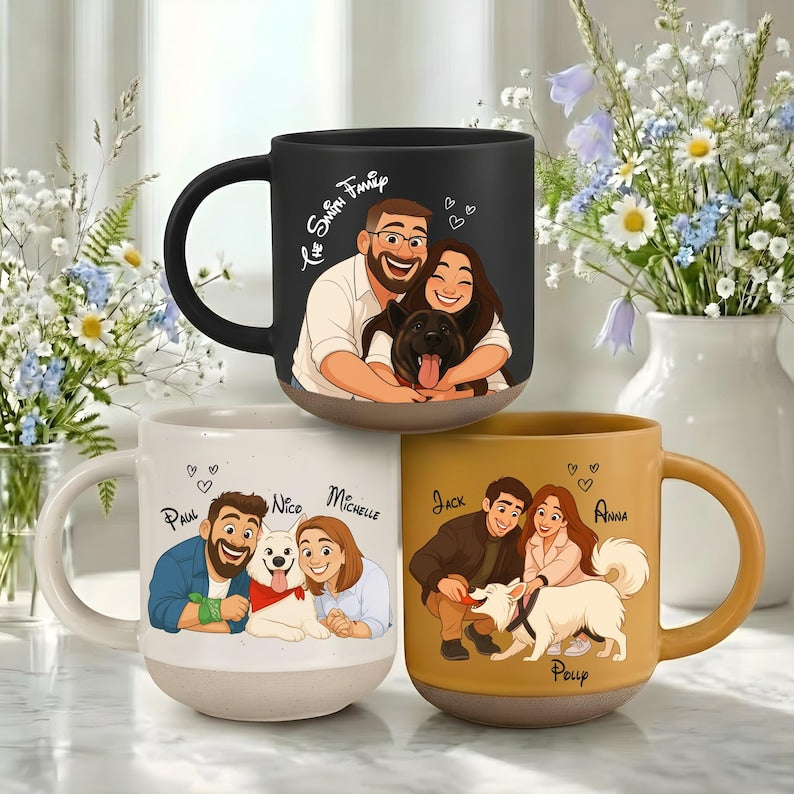 Custom Couple Portrait With Pet, Cat Portrait, Dog Portrait, Pet Memorial Art, Gift for Her, Custom Mug for Couple, Anniversary Gift for him