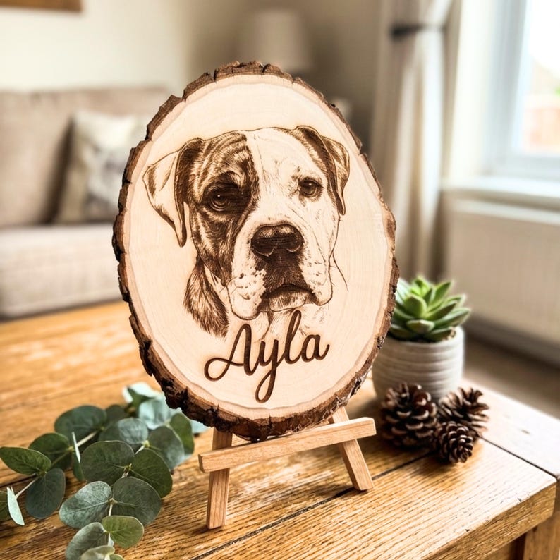 Pet Memorial Plaque - Personalized Dog photo engraved live edge wood slab Custom Pet Tribute