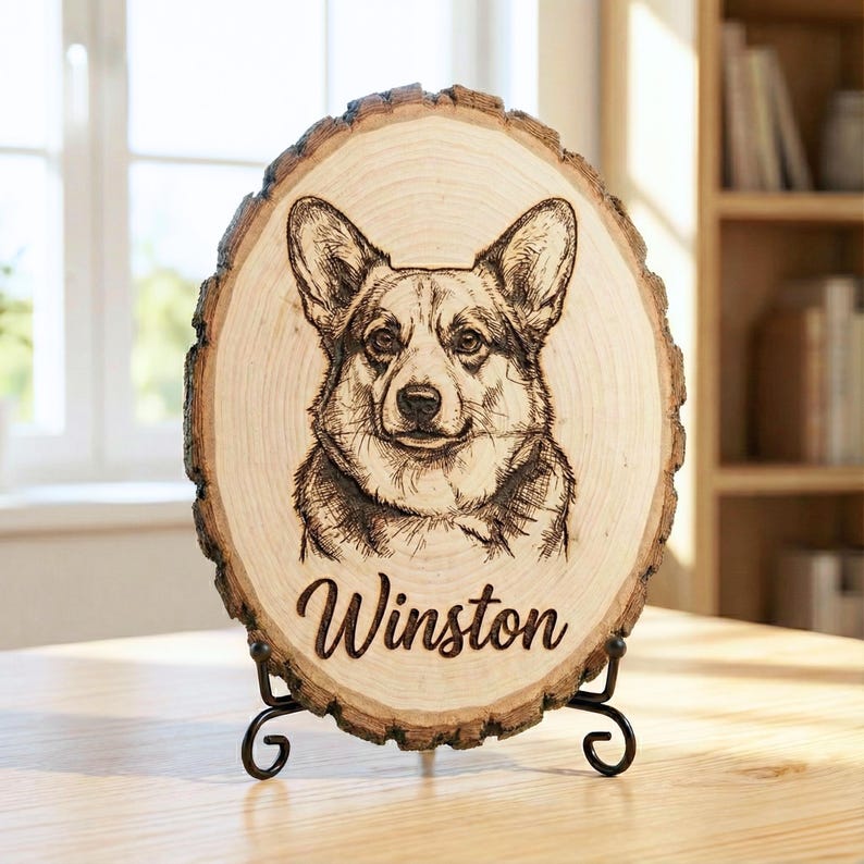 Pet Memorial Plaque - Personalized Dog photo engraved live edge wood slab Custom Pet Tribute
