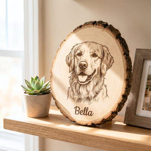 Pet Memorial Plaque - Personalized Dog photo engraved live edge wood slab Custom Pet Tribute