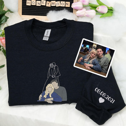 Personalized Sweatshirt Embroidered Custom Couple Photos Color and Outline Design Perfect Gift for Lovers