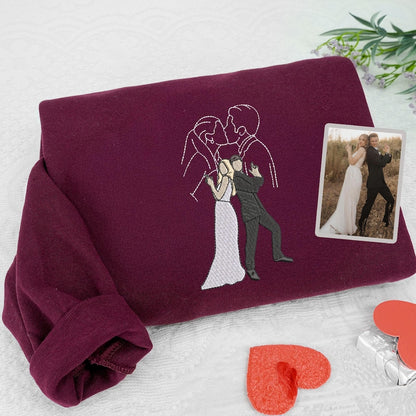 Personalized Sweatshirt Embroidered Custom Couple Photos Color and Outline Design Perfect Gift for Lovers