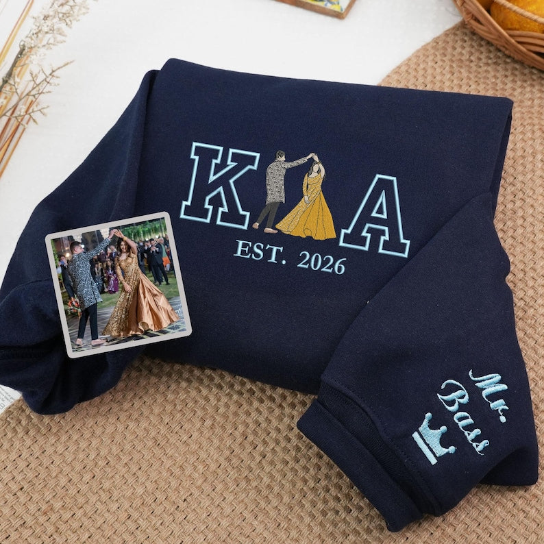 Personalized Sweatshirt Embroidered Custom Couple Photo with Initials Design Perfect Gift for Lovers