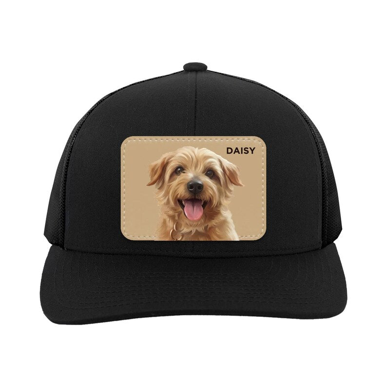 Custom Pet Portrait Trucker Hat: Personalized Leather Patch Cap, Gift for Dog Moms & Dads