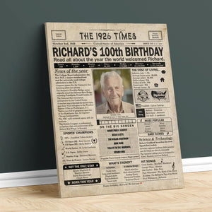 100th Birthday newspaper poster, Custom Poster Canvas 100th birthday party decor, Birthday poster containing news & highlights from 1926