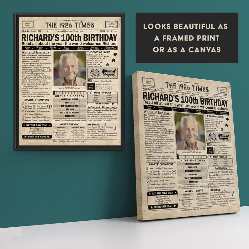100th Birthday newspaper poster, Custom Poster Canvas 100th birthday party decor, Birthday poster containing news & highlights from 1926