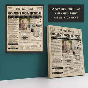 100th Birthday newspaper poster, Custom Poster Canvas 100th birthday party decor, Birthday poster containing news & highlights from 1926