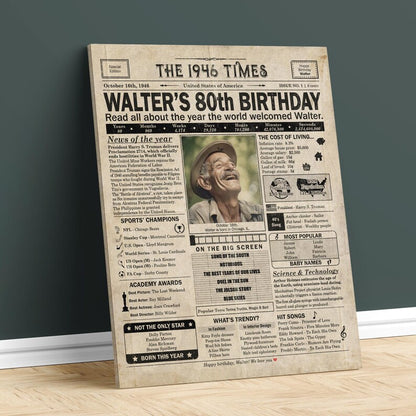 80th Birthday newspaper poster, Custom Poster Canvas 80th birthday party decor, Birthday poster containing news & highlights from 1946