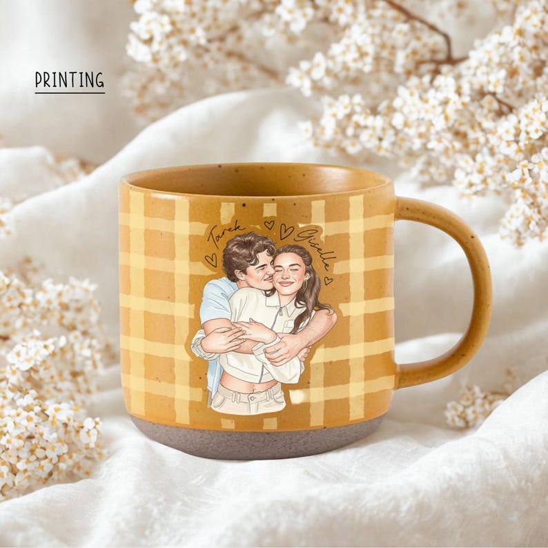 Personalized Watercolor Photo Couple Pottery Mug, Portrait Mug for Anniversary, Sentimental Gift For Couple Bestie Family, Valentine Gift