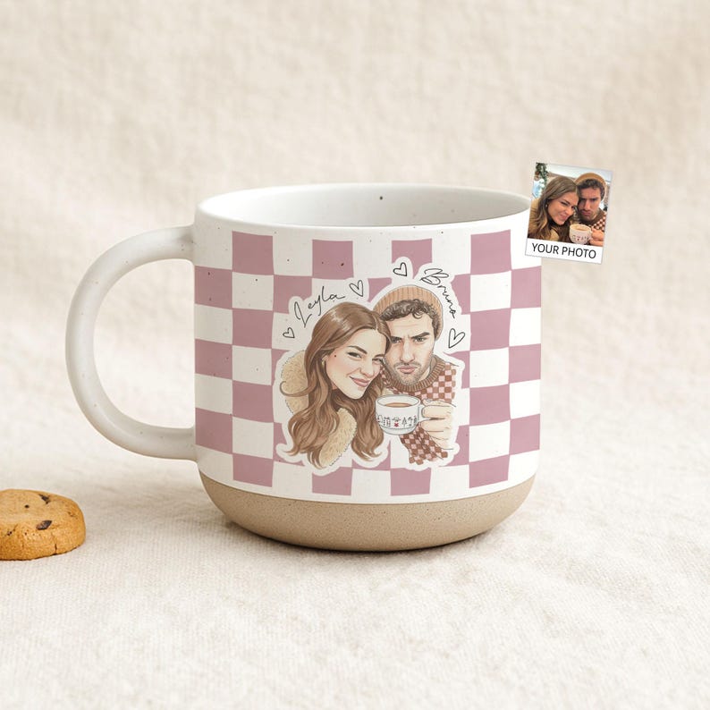 Personalized Watercolor Photo Couple Pottery Mug, Portrait Mug for Anniversary, Sentimental Gift For Couple Bestie Family, Valentine Gift