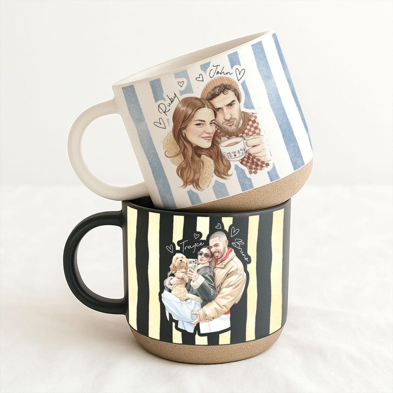 Personalized Watercolor Photo Couple Pottery Mug, Portrait Mug for Anniversary, Sentimental Gift For Couple Bestie Family, Valentine Gift