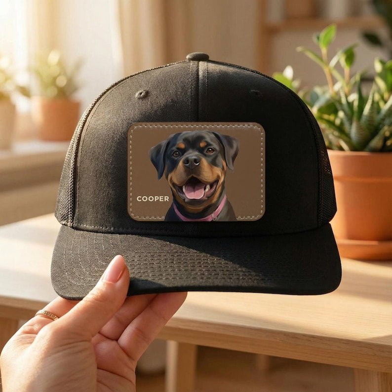 Custom Pet Portrait Trucker Hat: Personalized Leather Patch Cap, Gift for Dog Moms & Dads