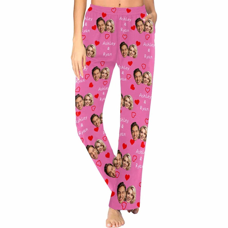 Custom Couple Pajama Pants, Personalized Face Pajama Pants for Couple, Custom Photo Pajama Bottoms w Names, Personalized Valentine Gifts