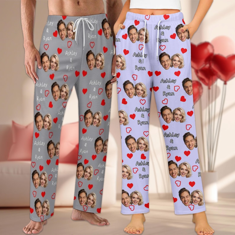 Custom Couple Pajama Pants, Personalized Face Pajama Pants for Couple, Custom Photo Pajama Bottoms w Names, Personalized Valentine Gifts