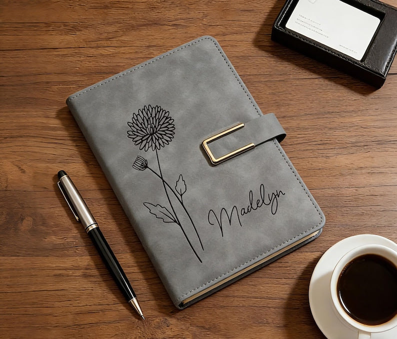 Engraved Birth Flower Leather Journal, Personalized Name Notebook Set, Graduation Gifts for Her