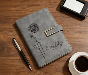 Engraved Birth Flower Leather Journal, Personalized Name Notebook Set, Graduation Gifts for Her